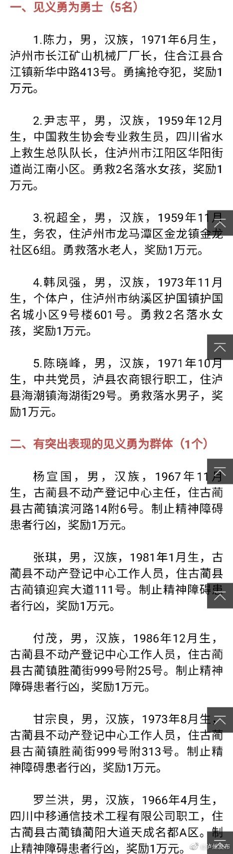 为他们点赞！泸州表扬奖励5名见义勇为勇士和1个见义勇为群体