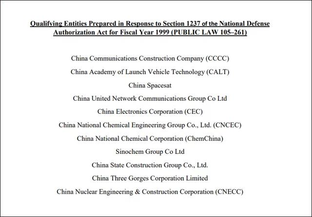 美方认定11家中企 美国防部更新清单