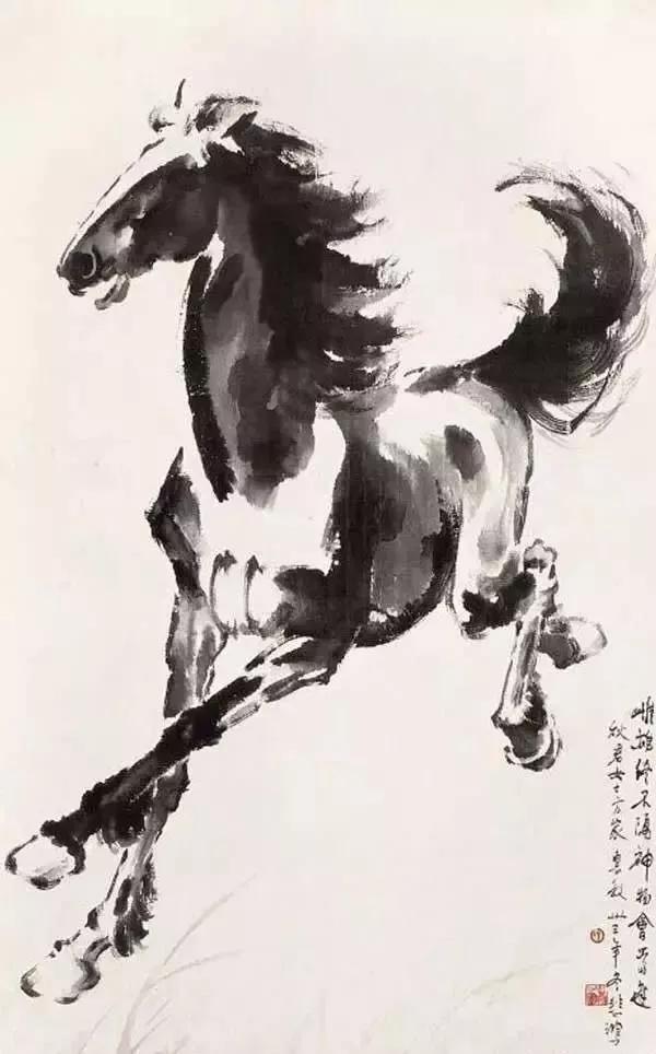 图丨徐悲鸿画作《马》尽管都是黑白的水墨画,但观齐白石的虾,便能感受