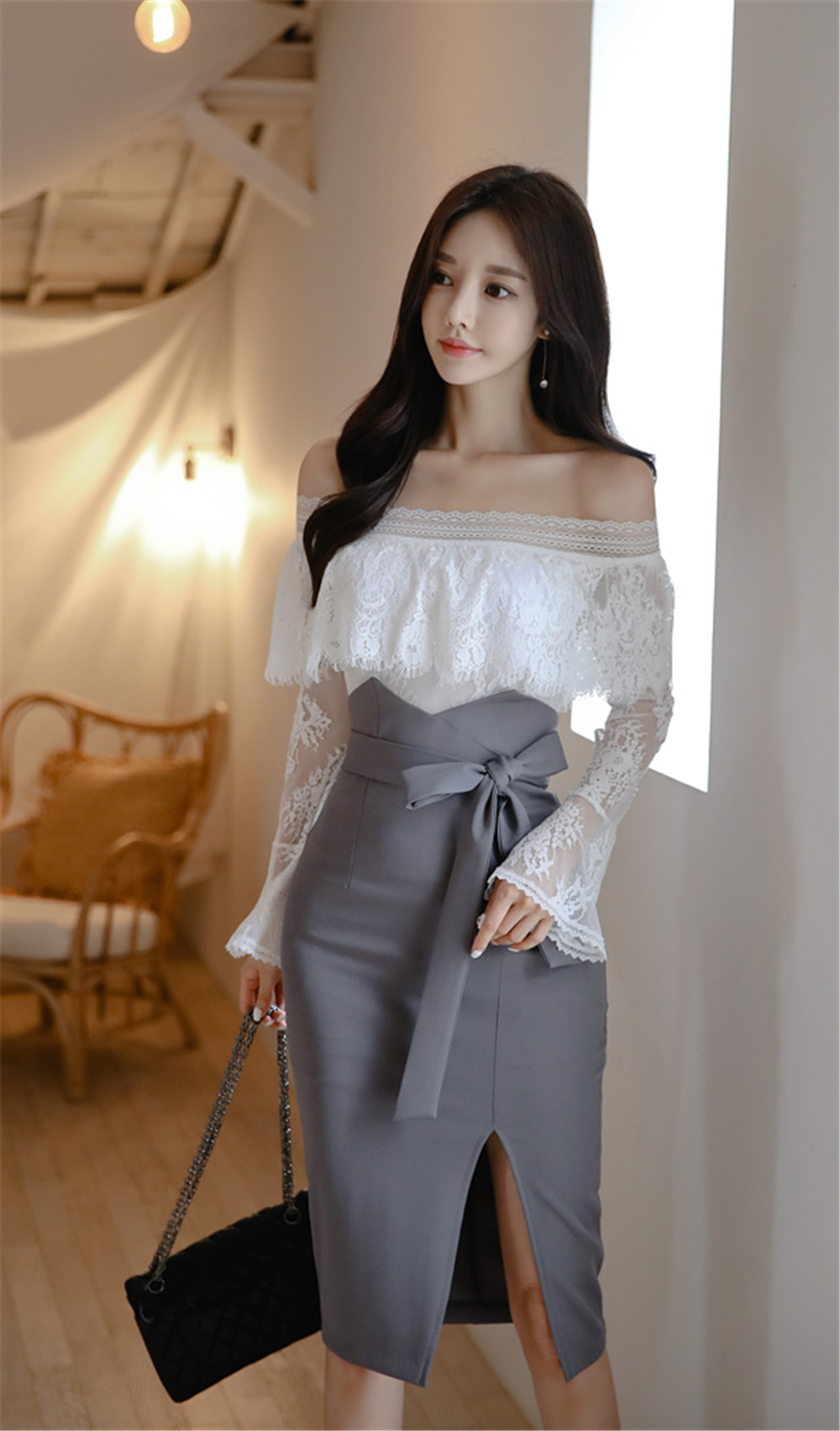 孙允珠丨雅致清灰蕾丝层叠镂花拼搭裙
