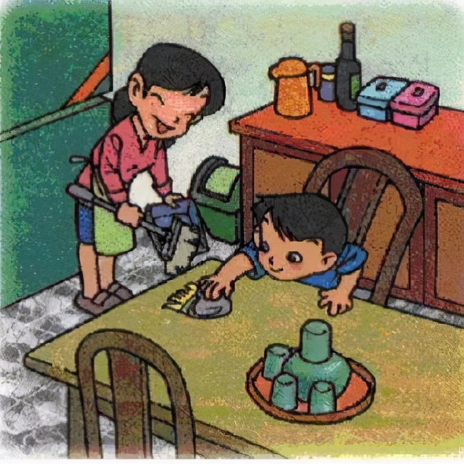 范文▼吃完饭后,妈妈在扫地,清理垃圾,小军在帮妈妈擦桌子,妈妈高兴地
