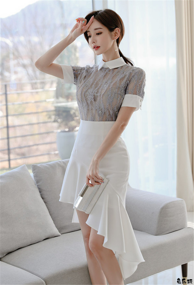 孙允珠：灰黛青丝苔纹翻领不规则长裙