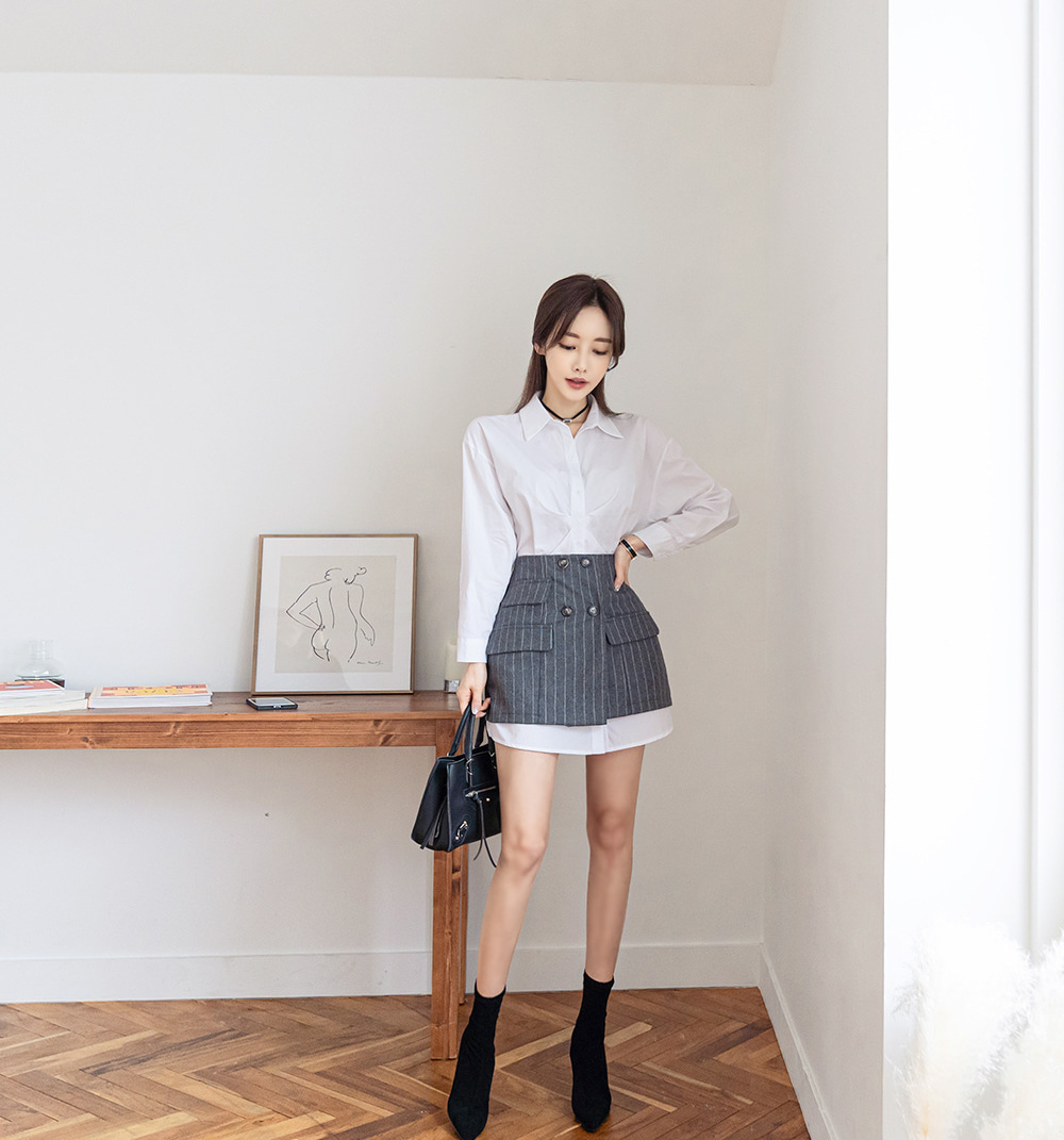 孙允珠丨小资轻熟泛灰职场英伦竖纹裙