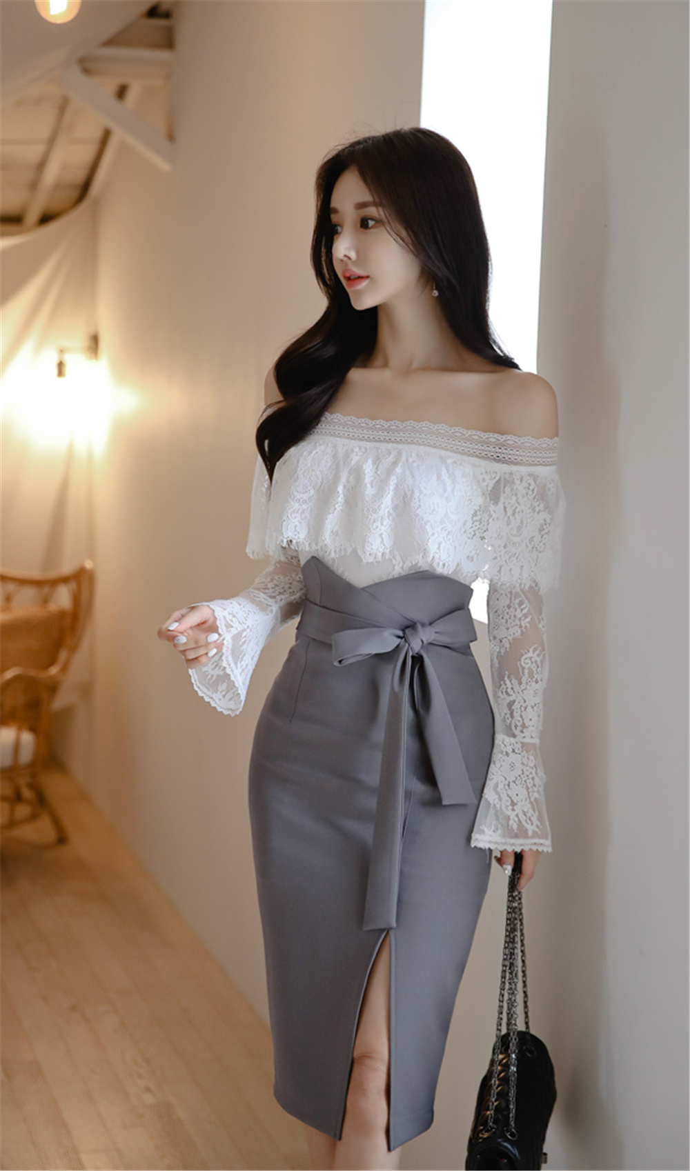 孙允珠丨雅致清灰蕾丝层叠镂花拼搭裙