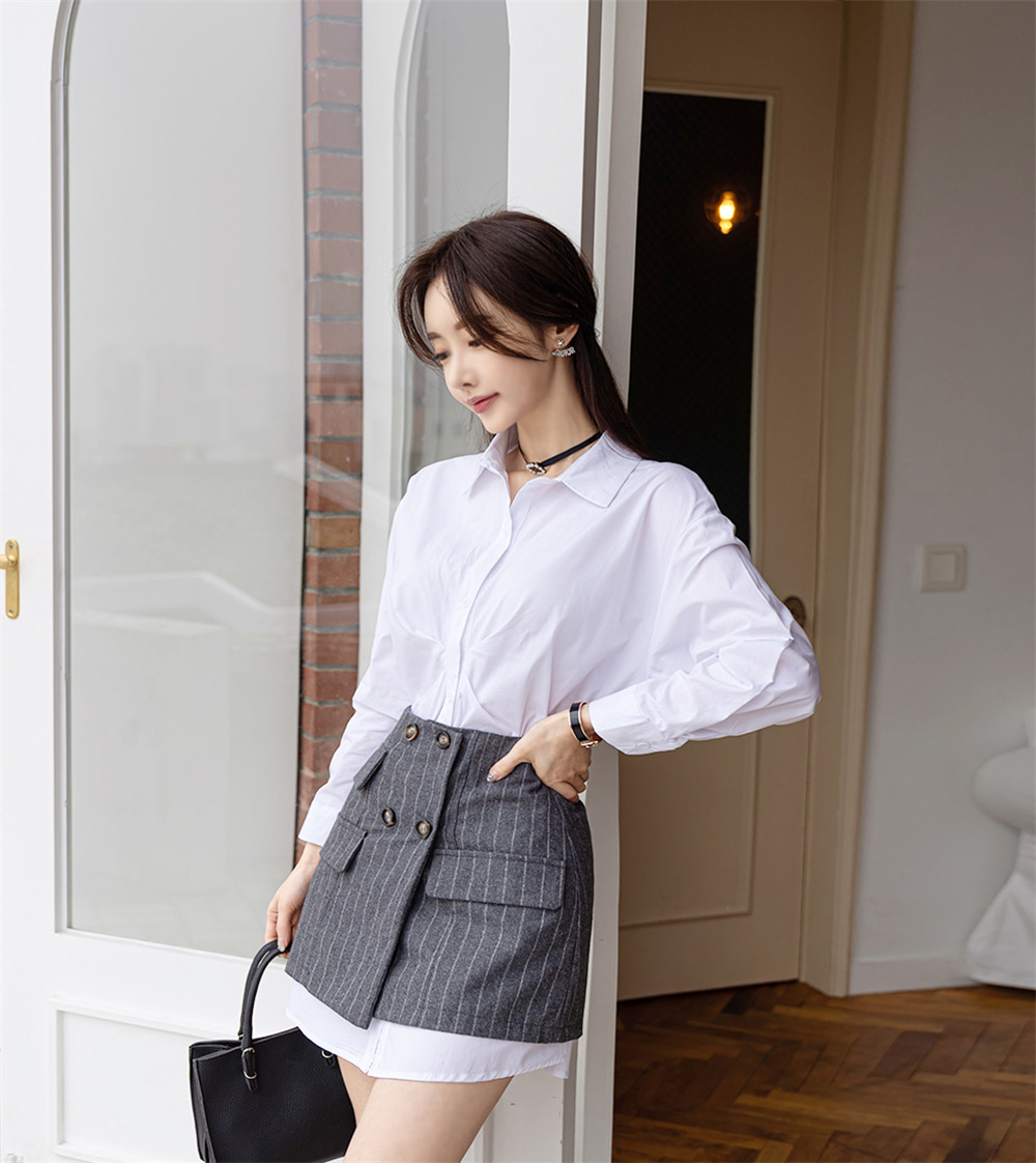 孙允珠丨小资轻熟泛灰职场英伦竖纹裙